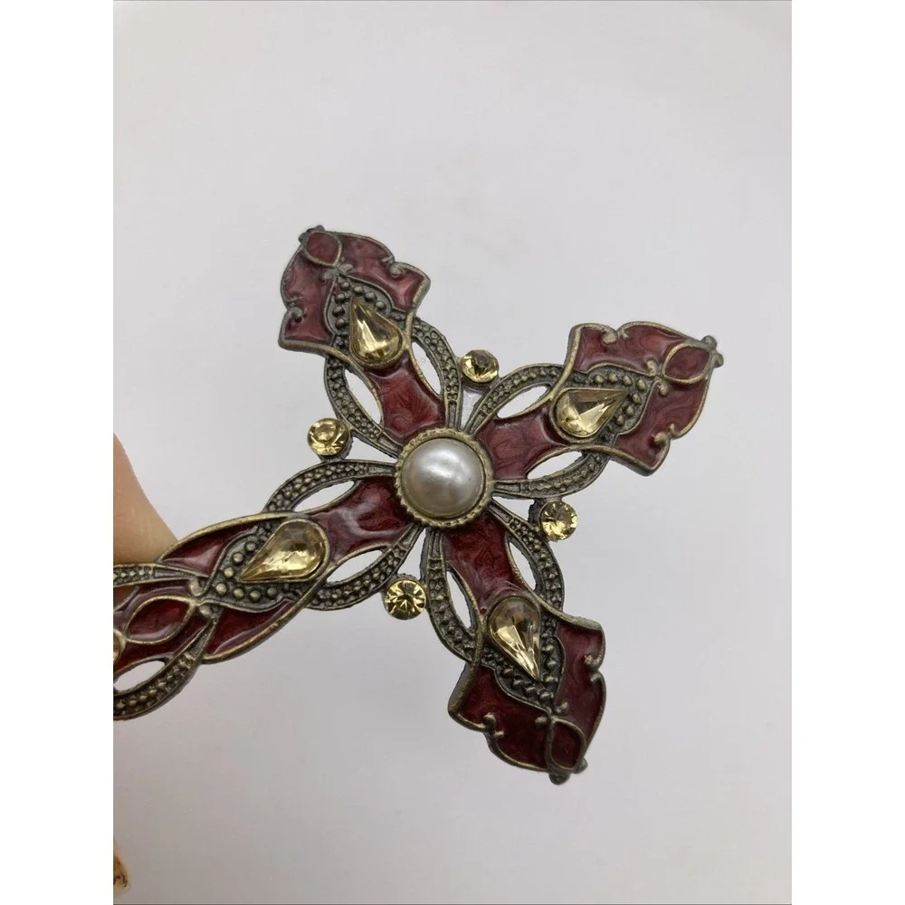 Enameled Cross Shaped Pillar Candle Pin Maroon Gold Faux Pearl 3.5
